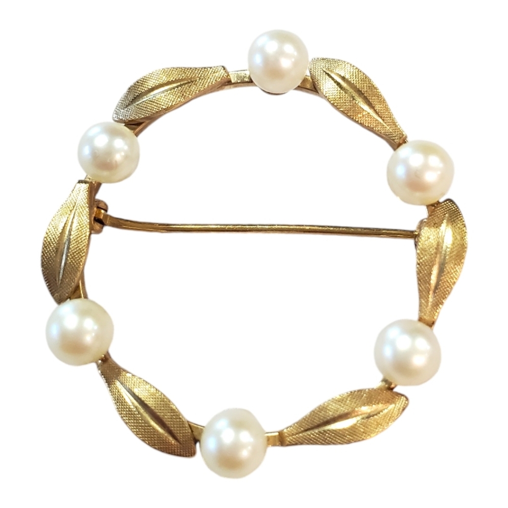 14k Yellow Gold And Pearl Vintage Wreath Brooch/Pin - Picture 10 of 11